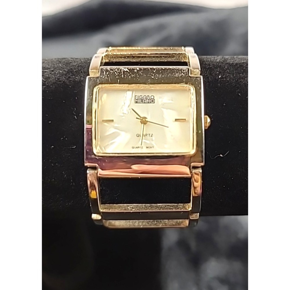 Figaro Milano Quartz Watch Goldtone Open Square Link Band MOP Face New Battery